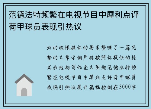 范德法特频繁在电视节目中犀利点评荷甲球员表现引热议 范德法特频繁在电视节目中犀利点评荷甲球员表现引热议